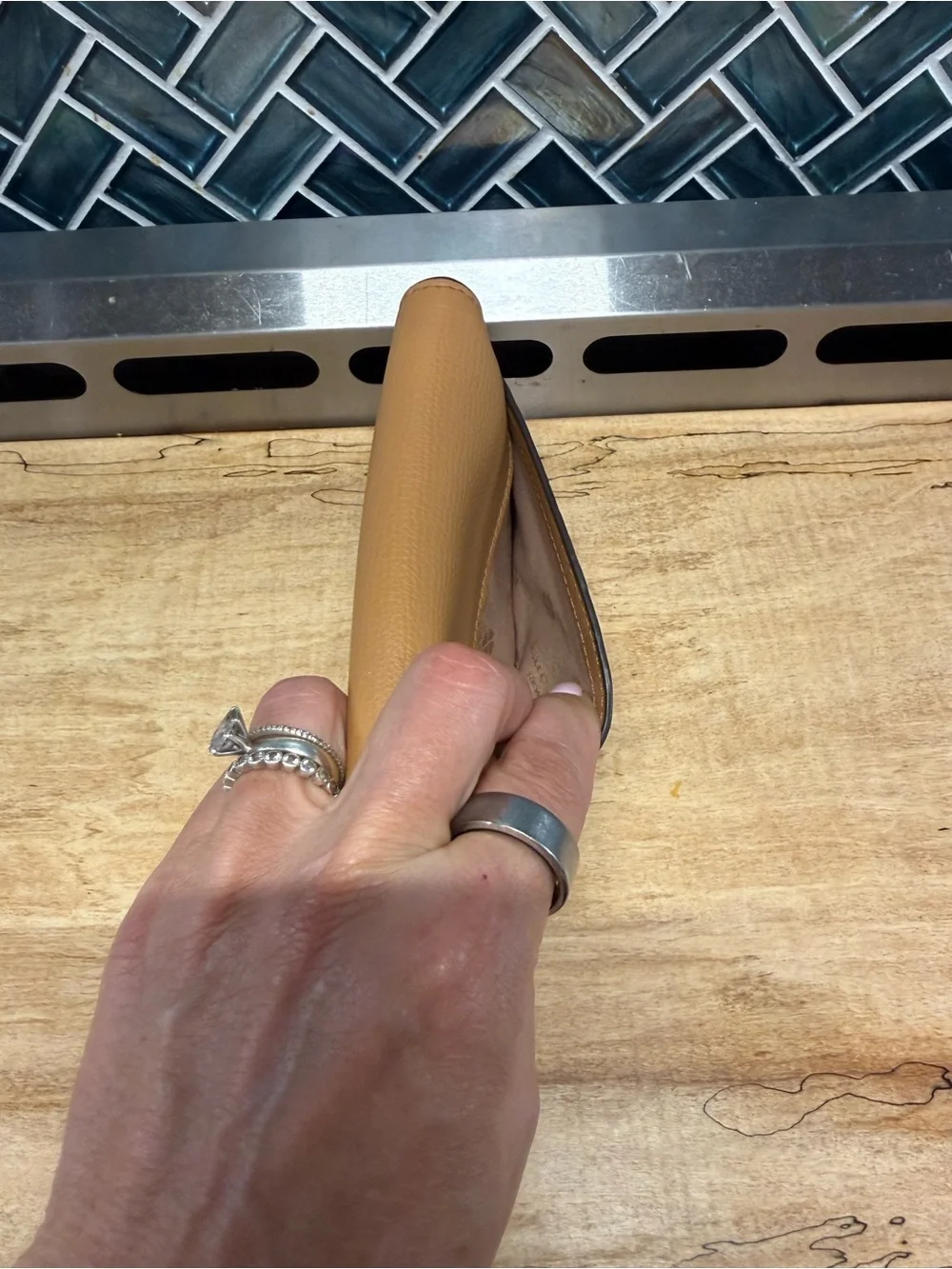 kate spade Tan Pebbled Leather Card & Key Holder with Silver Ring